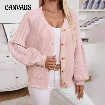 Осенне-зимний женский однобортный вязаный кардиган с V-образным вырезом, однотонный свободный свитер с рукавами-фонариками S розовый