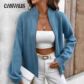 Осенне-зимний женский однотонный кардиган с воротником-стойкой S синий