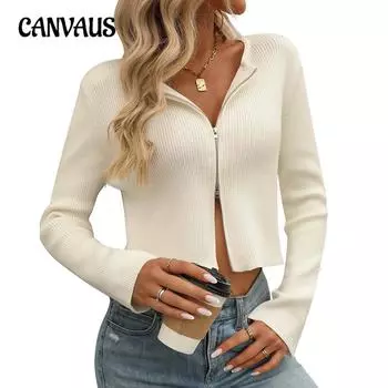 Осенне-зимний женский однотонный свитер-кардиган с длинными рукавами и застежкой-молнией S белый