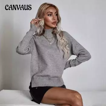 Осенне-зимний женский однотонный свитер с высоким воротом, свободный однотонный свитер с высоким воротом S серый