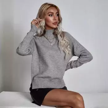 Осенне-зимний женский однотонный свитер с высоким воротом, свободный однотонный свитер с высоким воротом S серый