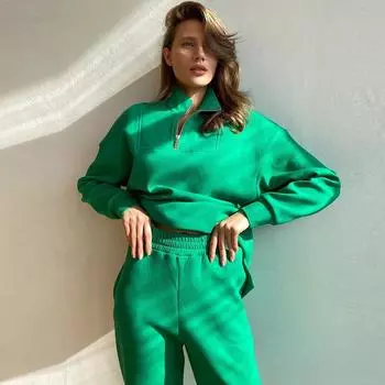 Осенне-зимний женский однотонный свободный свитер на молнии с длинным рукавом, брюки, костюм из двух предметов S