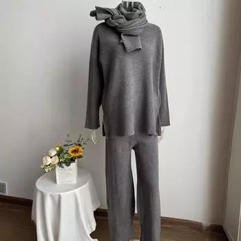 Осенне-зимний женский однотонный свободный трикотажный свитер и брюки one size fits all серый