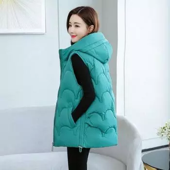 Осенне-зимний женский однотонный свободный жилет, длинный жилет с капюшоном на шнурке, куртка с хлопковой подкладкой, женский ветрозащитный теплый жилет L чёрный