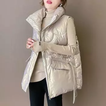 Осенне-зимний женский однотонный свободный жилет с воротником-стойкой, короткий жилет на шнурке, женский ветрозащитный теплый жилет с хлопковой подкладкой M чёрный