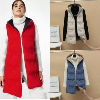 Осенне-зимний женский однотонный свободный жилет с капюшоном, длинный двусторонний жилет, куртка с хлопковой подкладкой, женский ветрозащитный теплый жилет M чёрный