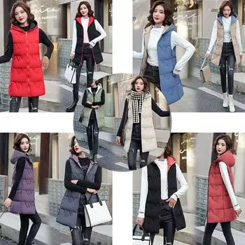 Осенне-зимний женский однотонный свободный жилет с капюшоном, длинный двусторонний жилет, куртка с хлопковой подкладкой, женский ветрозащитный теплый жилет M красный