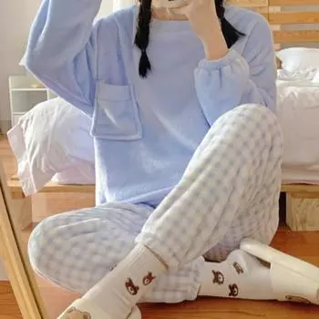 Осенне-зимний женский однотонный теплый комплект из 2 предметов, пижамный комплект из плотного бархатного флиса, пуловер и брюки для отдыха, женские повседневные пижамные комплекты для молодой девушки M