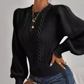 Осенне-зимний женский однотонный трикотажный свитер с круглым вырезом и рукавами-фонариками, свободный свитер S жёлтый