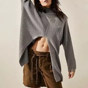 Осенне-зимний женский однотонный уличный модный свитер средней длины с разрезом S чёрный