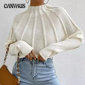 Осенне-зимний женский однотонный вязаный пуловер с полувысоким воротом и рукавами «летучая мышь» S