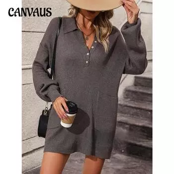 Осенне-зимний женский однотонный вязаный свитер с пуговицами на лацканах средней длины S зелёный