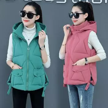 Осенне-зимний женский однотонный жилет с воротником-стойкой, короткий жилет с капюшоном, куртка с хлопковой подкладкой, женский ветрозащитный теплый жилет M чёрный