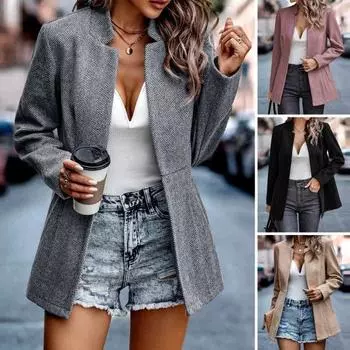 Осенне-зимний женский пиджак с вырезом и длинными рукавами, кардиган, модный однотонный шерстяной костюм, пальто, темперамент, офисный женский пиджак, деловой пиджак M хаки