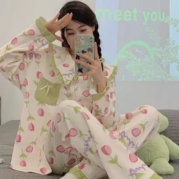 Осенне-зимний женский пижамный комплект для дома, пижамный комплект для принцессы и девушки, весенне-осенний студенческий пижамный комплект для дома L