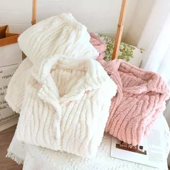 Осенне-зимний женский пижамный комплект, теплая утолщенная ночная рубашка с воротником и узором в виде ряби на воде, домашняя одежда, свободная, удобная одежда для сна M белый