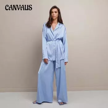 Осенне-зимний женский пижамный костюм из ледяного шелка, халат, брюки, удобная имитация шелка, простая французская домашняя одежда S чёрный