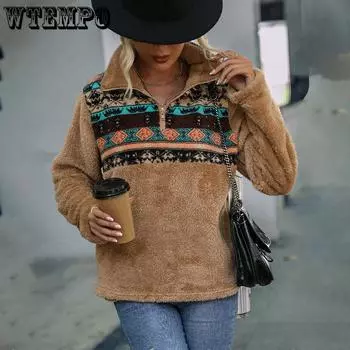 Осенне-зимний женский плюшевый длинный рукав свободный пуловер с принтом воротник-стойка карман полумолния толстовка M серый