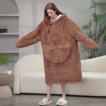 Осенне-зимний женский плюшевый халат, однотонная домашняя одежда, одежда для сна, теплая ночная рубашка с капюшоном и передним карманом, свободное платье One size чёрный
