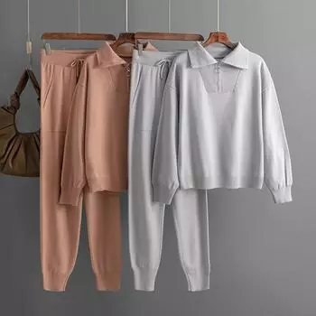 Осенне-зимний женский поло с воротником-поло, повседневный вязаный комплект из двух предметов, трикотаж, свитера, пуловеры на молнии + узкие брюки, костюмы