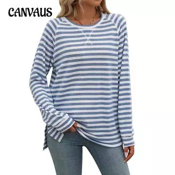 Осенне-зимний женский полосатый цветной круглый вырез с длинным рукавом свободный топ S чёрный