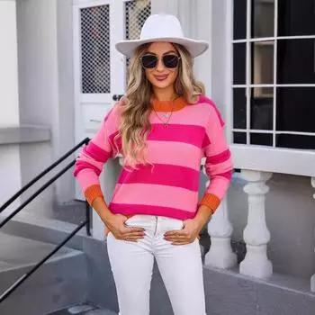 Осенне-зимний женский полосатый свитер больших размеров в стиле пэчворк S фиолетовый