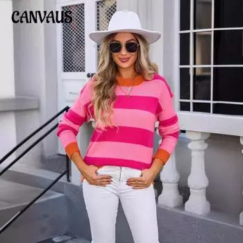 Осенне-зимний женский полосатый свитер больших размеров в стиле пэчворк S фиолетовый