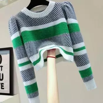 Осенне-зимний женский полосатый свитер с круглым вырезом, свободный пуловер с цветными блоками, свитер с коротким рукавом, трикотажные топы S чёрный