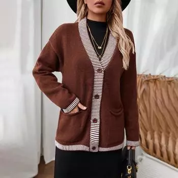 Осенне-зимний женский полосатый свитер, свободный повседневный однобортный свитер с карманами в европейском и американском стиле для женщин S