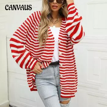 Осенне-зимний женский полосатый трикотажный свитер большого размера Loose Lazy однобортный кардиган с V-образным вырезом S красный