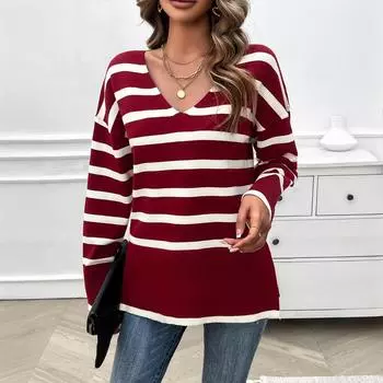 Осенне-зимний женский повседневный и свободный свитер контрастных цветов с V-образным вырезом и длинными рукавами S белый