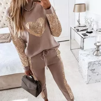 Осенне-зимний женский повседневный комплект из двух предметов с высоким воротом и длинными рукавами, с пайетками, с круглым вырезом и завязками, повседневный костюм XXL хаки