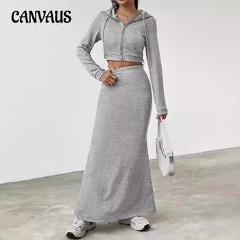 Осенне-зимний женский повседневный костюм с длинными рукавами, капюшоном, застежкой-молнией и юбкой длиной до бедер S серый