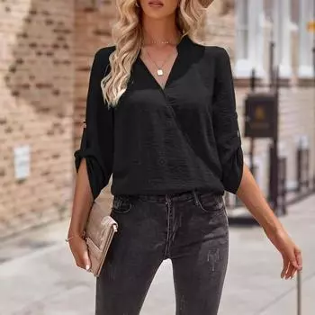 Осенне-зимний женский повседневный однотонный свободный топ с V-образным вырезом и длинными рукавами S чёрный