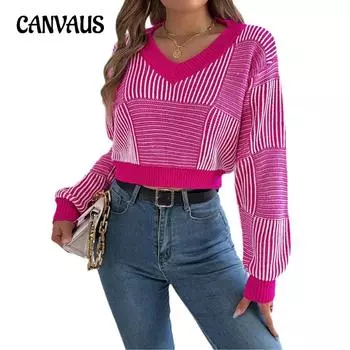 Осенне-зимний женский повседневный полосатый свитер с рукавами-фонариками без воротника S чёрный