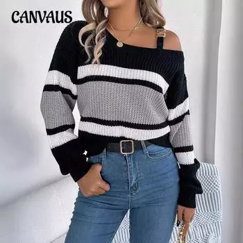 Осенне-зимний женский повседневный свитер без плеч с яркими полосками и рукавами-фонариками из металла и пуговиц S хаки