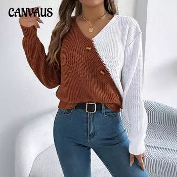 Осенне-зимний женский повседневный свитер с цветными блоками и рукавами-фонариками S чёрный