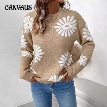 Осенне-зимний женский повседневный свитер с длинными рукавами и круглым вырезом с цветочным принтом S хаки