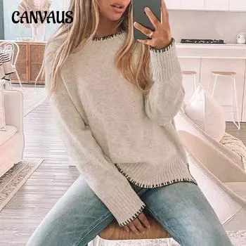 Осенне-зимний женский повседневный свитер с круглым вырезом и длинными рукавами, однотонный свитер с разрезом S легкие хаки