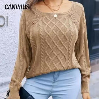 Осенне-зимний женский повседневный свитер с квадратным вырезом и пуговицами S хаки