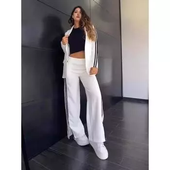 Осенне-зимний женский повседневный свободный деловой костюм с лацканами, пиджак, широкие брюки, комплект из двух предметов, сшитые полоски, широкие брюки с разрезом, женские, для поездок на работу S белый