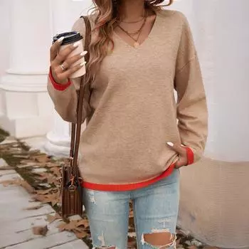 Осенне-зимний женский повседневный свободный пуловер с V-образным вырезом и длинными рукавами Collision S хаки