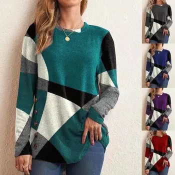 Осенне-зимний женский повседневный топ с длинным рукавом и пуговицами в цветных блоках, повседневная туника с геометрическим узором, футболка с круглым вырезом и длинными рукавами XXXXXL красный