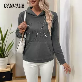 Осенне-зимний женский повседневный утепленный пуловер с капюшоном, толстовка с капюшоном и бусинами S темно-серого