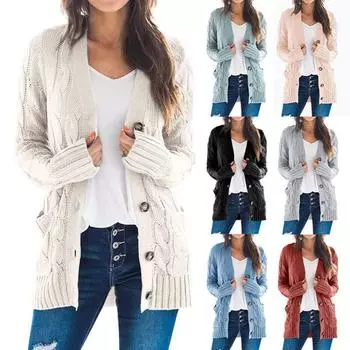 Осенне-зимний женский повседневный вязаный свитер, однотонный кардиган на пуговицах, свитер L армия зеленый