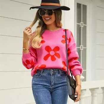 Осенне-зимний женский принтованный свитер, пуловер, цветочный свитер больших размеров S абрикосовый