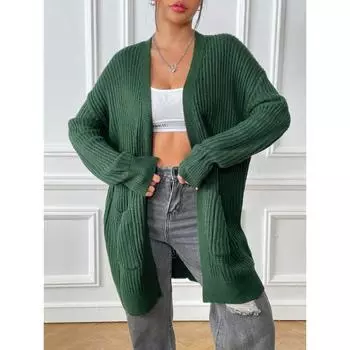 Осенне-зимний женский простой повседневный кардиган с карманами average size темно-зеленого