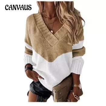 Осенне-зимний женский пуловер больших размеров с V-образным вырезом, свободный свитер в стиле пэчворк, вязаный свитер с цветовым сочетанием S абрикосовый
