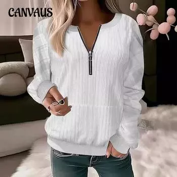 Осенне-зимний женский пуловер больших размеров с длинными рукавами и принтом, с V-образным вырезом, на молнии S белый