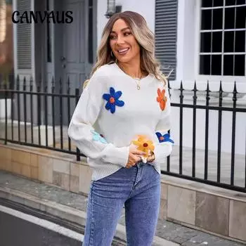 Осенне-зимний женский пуловер с длинным рукавом, цветочный свитер, большой размер, свободный свитер с круглым вырезом S белый